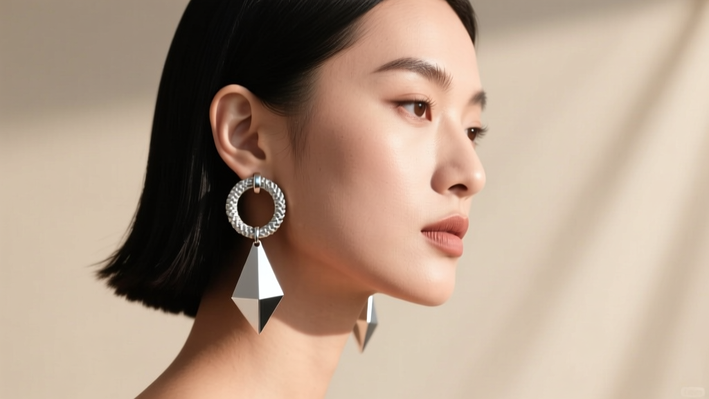 Model wearing asymmetrical sterling silver hammer earrings, featuring a textured hoop and geometric drop against neutral beige.