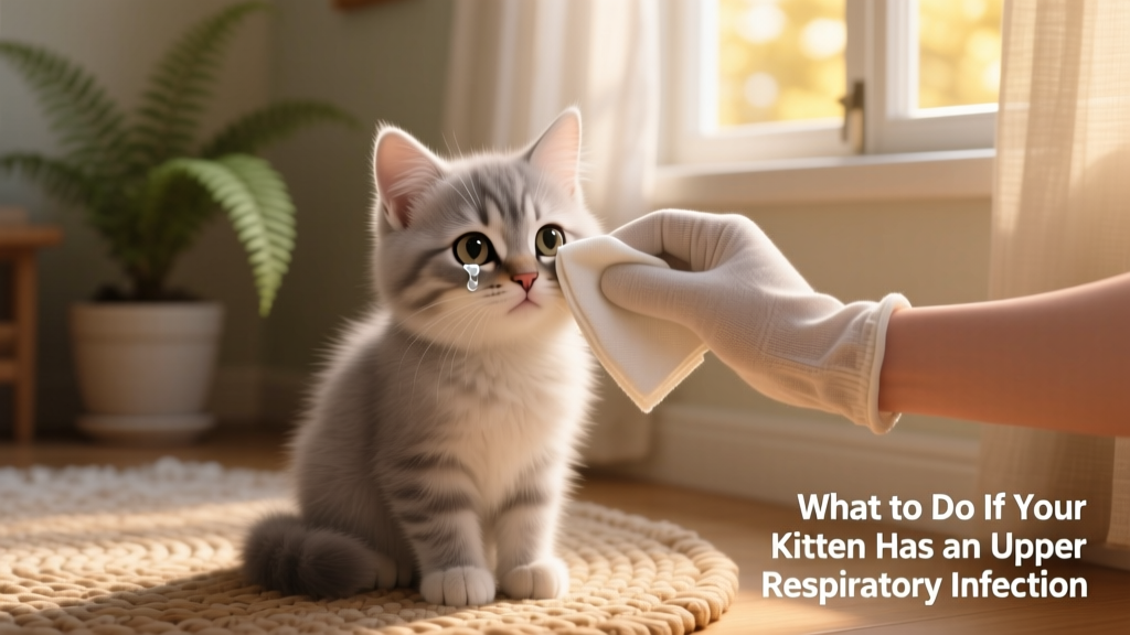 Kitten with gentle eye discharge being wiped carefully with a warm, damp cloth