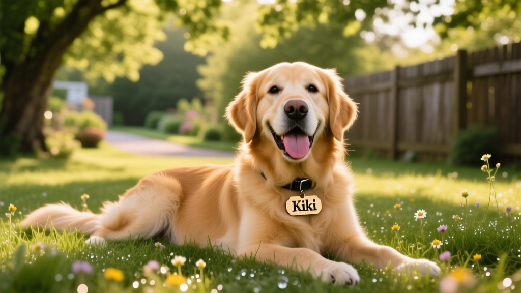 A happy dog lying in sun-dappled grass, looking relaxed and content