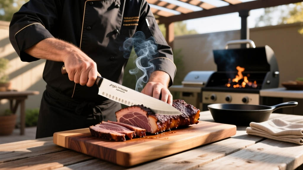 Pitmaster slicing a smoked beef brisket on a thick end-grain walnut cutting board using a long granton-edge carving knife at an outdoor patio BBQ