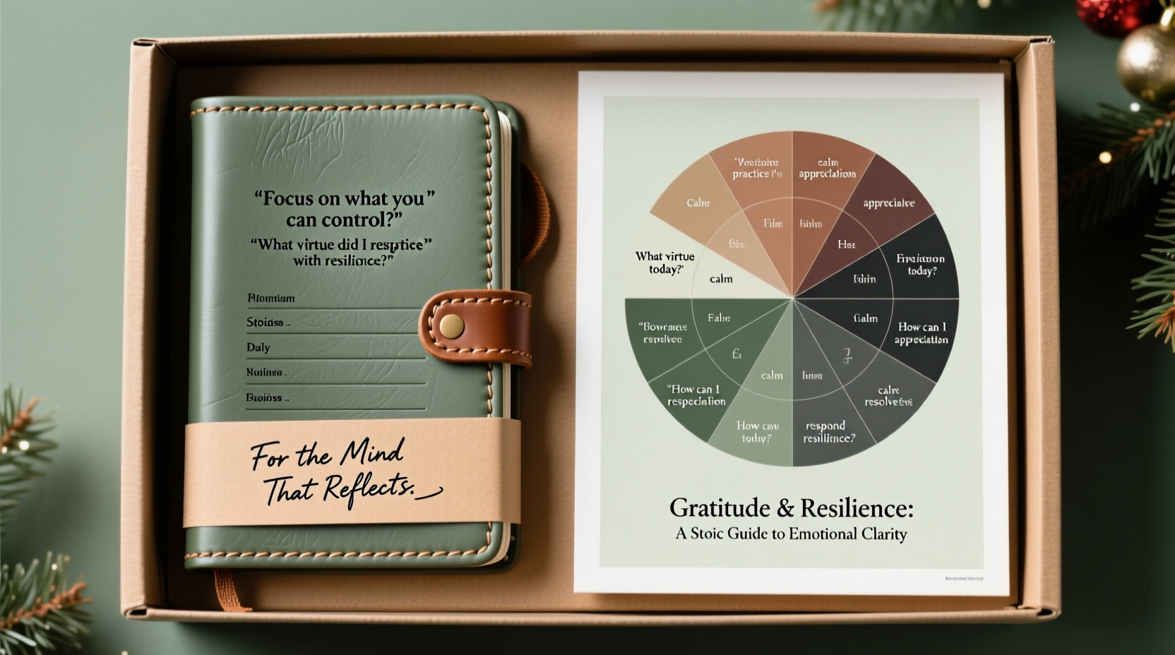 christmas gift for psychology enthusiast gratitude journal with stoic prompts vs emotion wheel poster