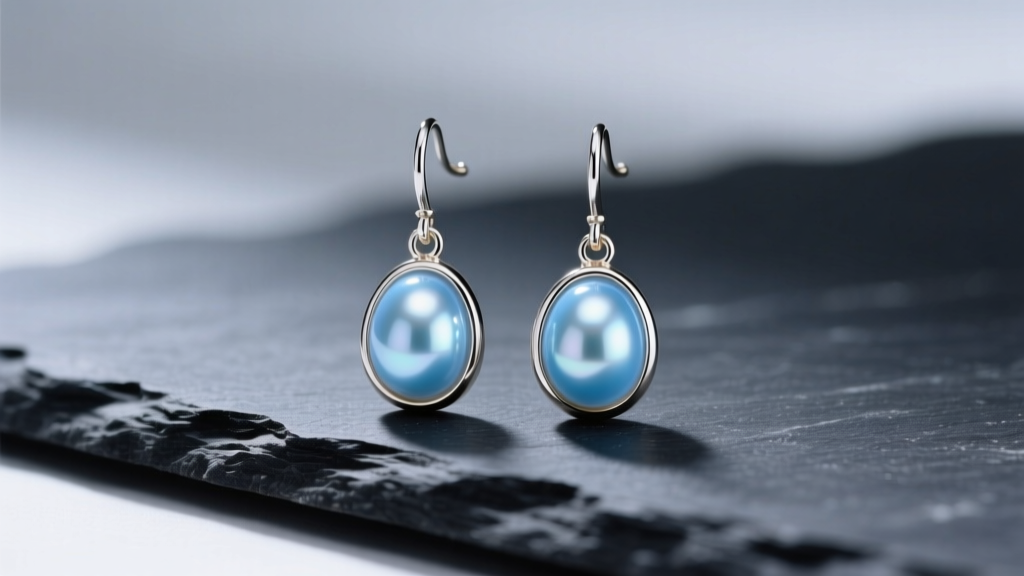 Light blue Tahitian pearl drop earrings in 14k white gold resting on dark slate under soft, directional studio lighting.