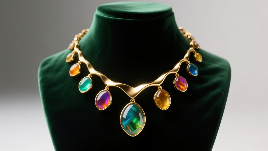 Gold-plated brass necklace with vibrant resin pendants displayed on a dark velvet bust under soft directional studio lighting.
