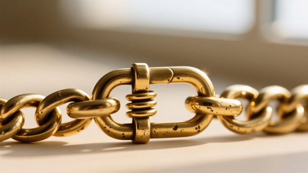 Macro photography of a vintage 90s gold lobster clasp attached to a Cuban link chain, showing minor wear on the spring mechanism.