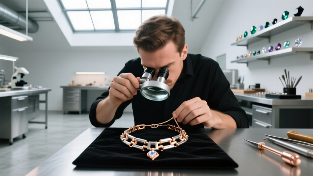 Jeweler inspecting a titanium and rose gold articulated necklace joint under a magnifying loupe in a bright workshop.