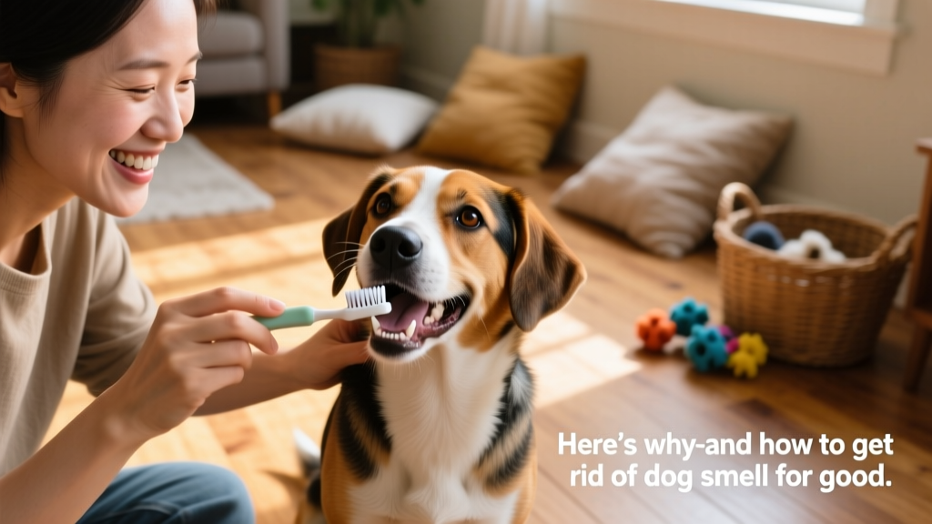 Dog owner smiling while brushing their dog’s teeth with a small, soft-bristled dog toothbrush