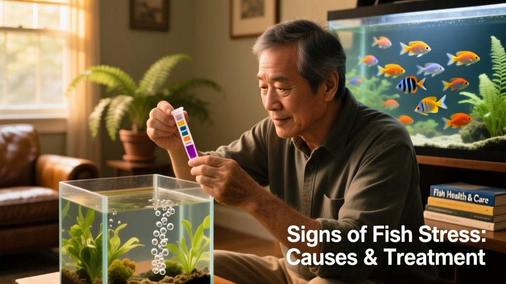 Aquarium owner using a liquid test kit to check ammonia and nitrite levels in a home tank