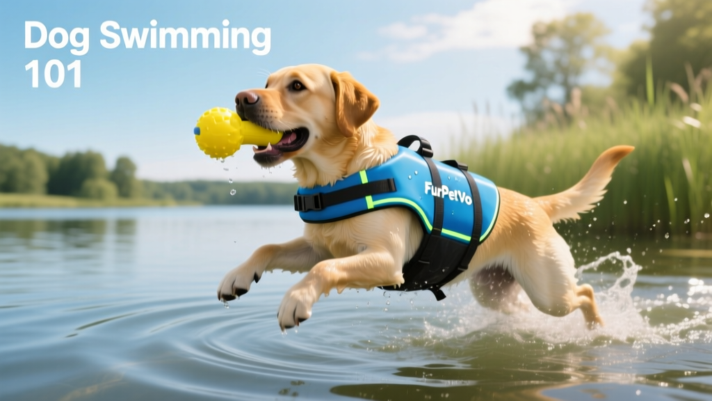 A Labrador wearing a FurPetVo life jacket playing fetch with a floating toy in clear, sunlit water