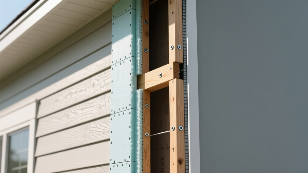 Cross-section diagram of a residential wall showing insulated vinyl siding, continuous rigid foam sheathing, and wooden studs in a modern home exterior