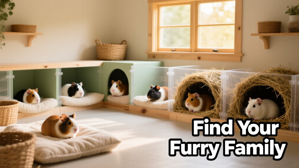 A calm, clean shelter kennel area with bedding and hiding spots for small animals
