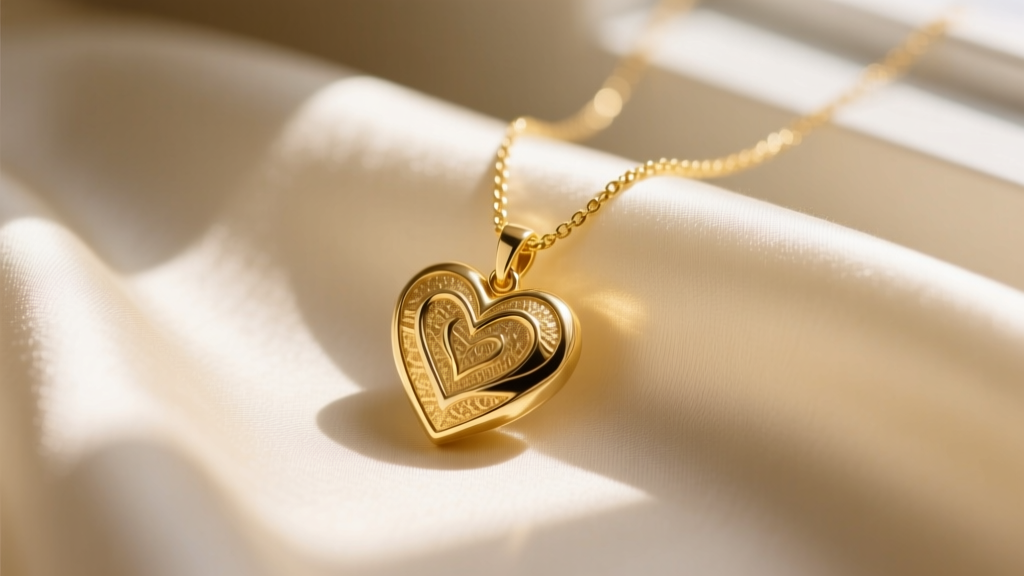Close-up of a solid 18k yellow gold love necklace with a heart pendant resting on cream silk fabric in warm natural light