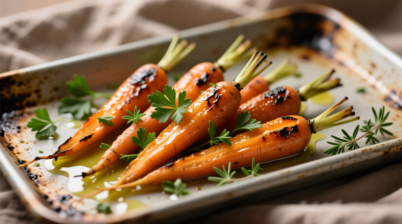 Perfectly roasted mini carrots with herbs on baking sheet