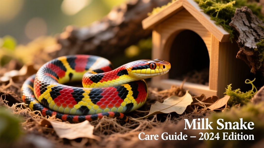 A vibrant adult milk snake coiled calmly on naturalistic terrarium bedding with a hide box nearby
