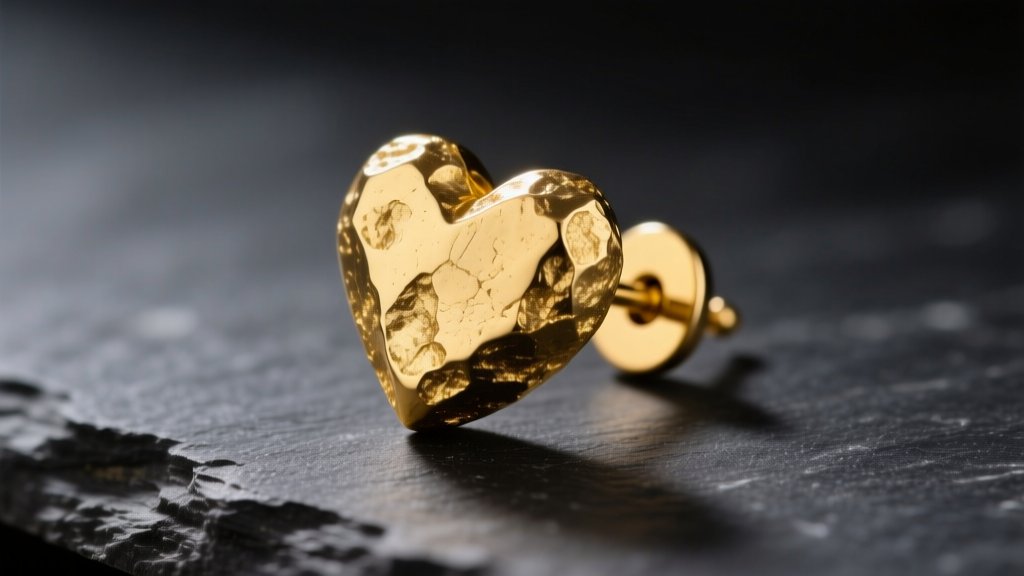 Close-up of 14k solid yellow gold nugget heart earrings on dark slate, highlighting the raw, textured metal finish and secure post.