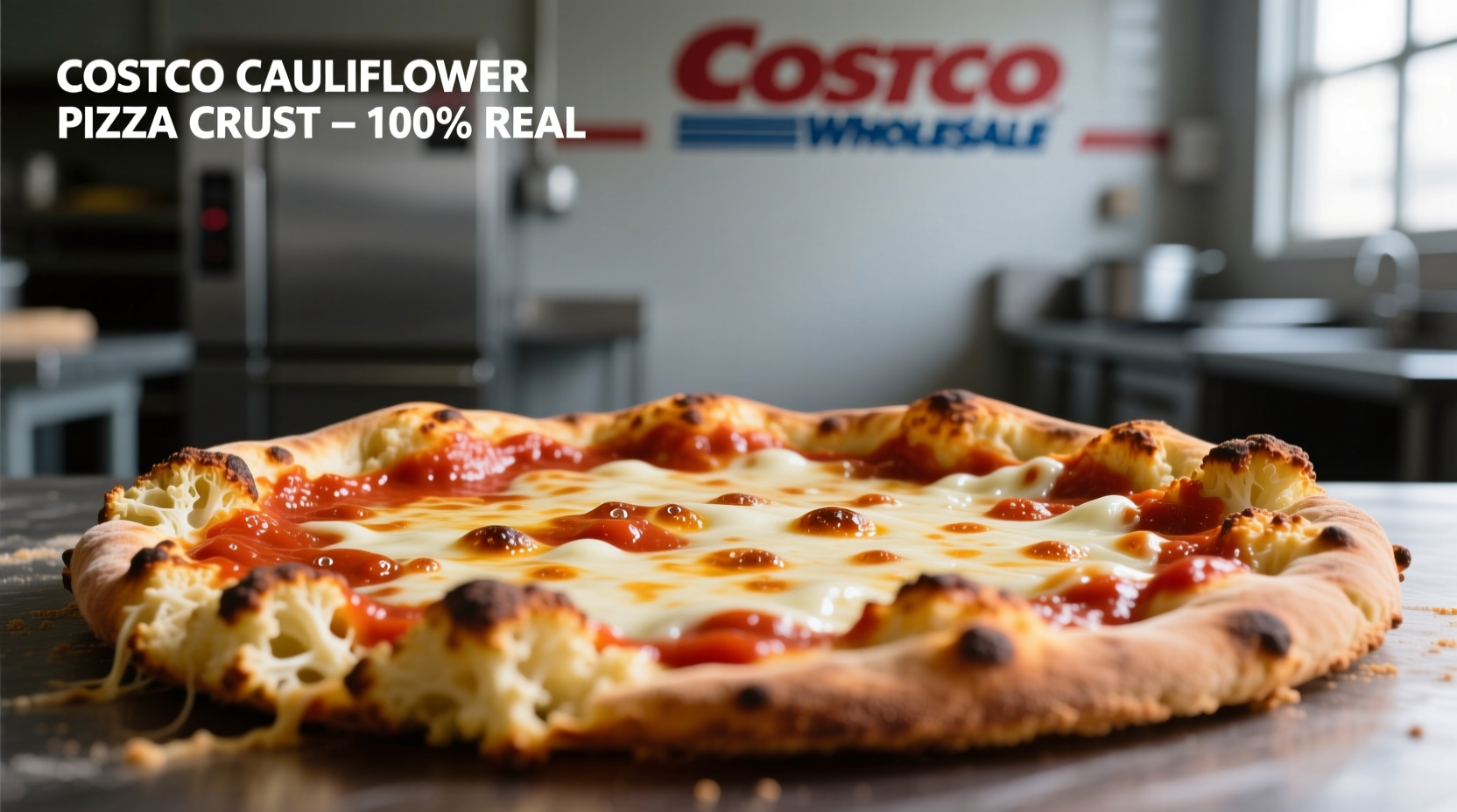 Costco cauliflower pizza crust with tomato sauce and cheese