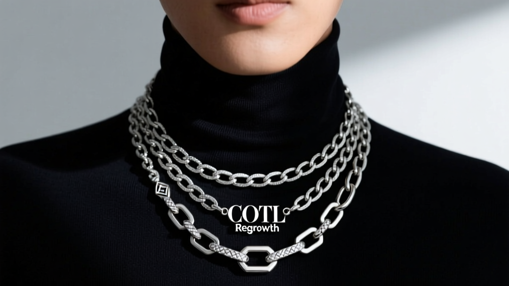 Person wearing a layered silver COTL Regrowth pendant over a dark turtleneck, showcasing the chain thickness and jump ring.