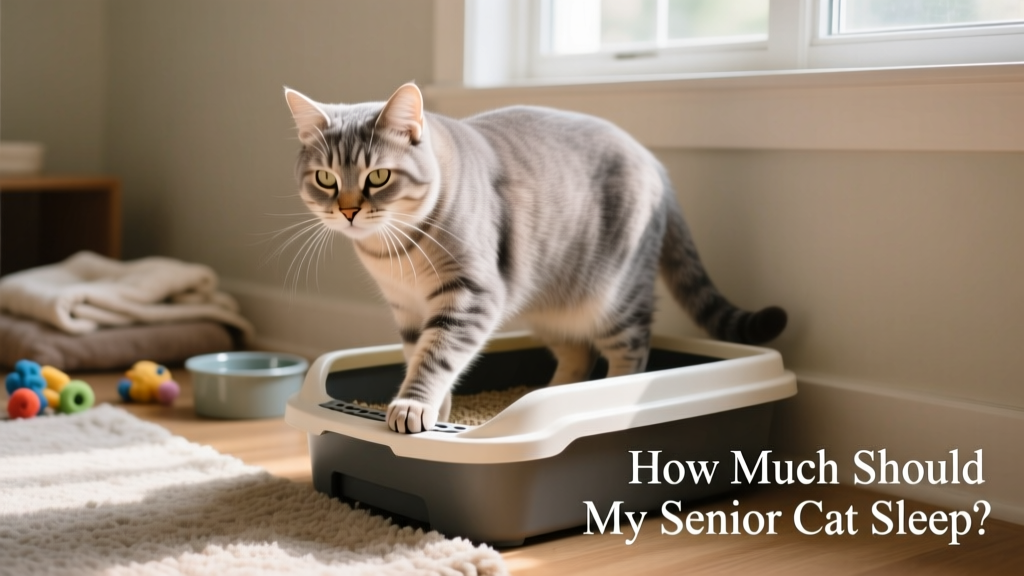 Senior cat using low-entry litter box with visible ease and comfort