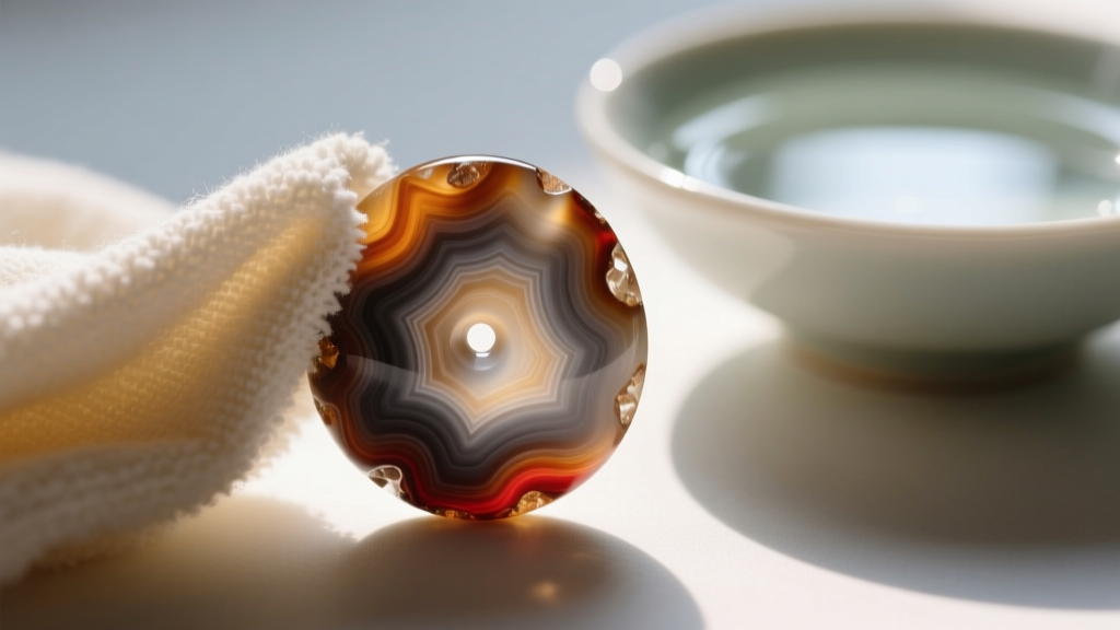 Microfiber cloth wiping a carved vintage agate bead, with a bowl of distilled water and mild soap blurred in the background.