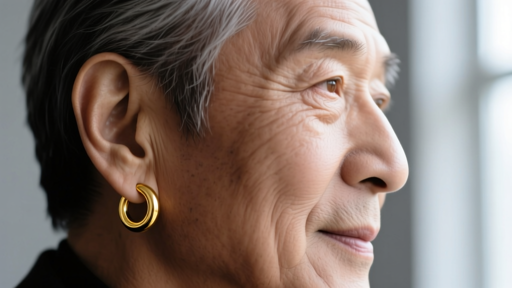 Close-up portrait of a distinguished man wearing a single 12mm 18k yellow gold continuous hoop earring in his left earlobe.