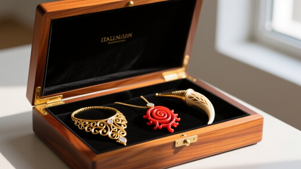 Open mahogany jewelry box lined with black velvet displaying three Italian necklace horns made of gold, red coral, and carved bone