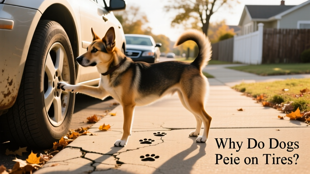 A medium-sized dog lifting its leg to mark a car tire on a suburban sidewalk