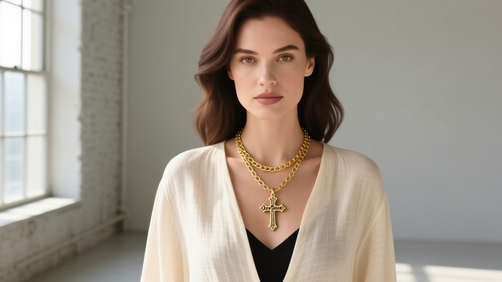 Woman wearing an 18-inch gold vermeil box chain with a small Our Father cross pendant, layered over a cream linen blouse.