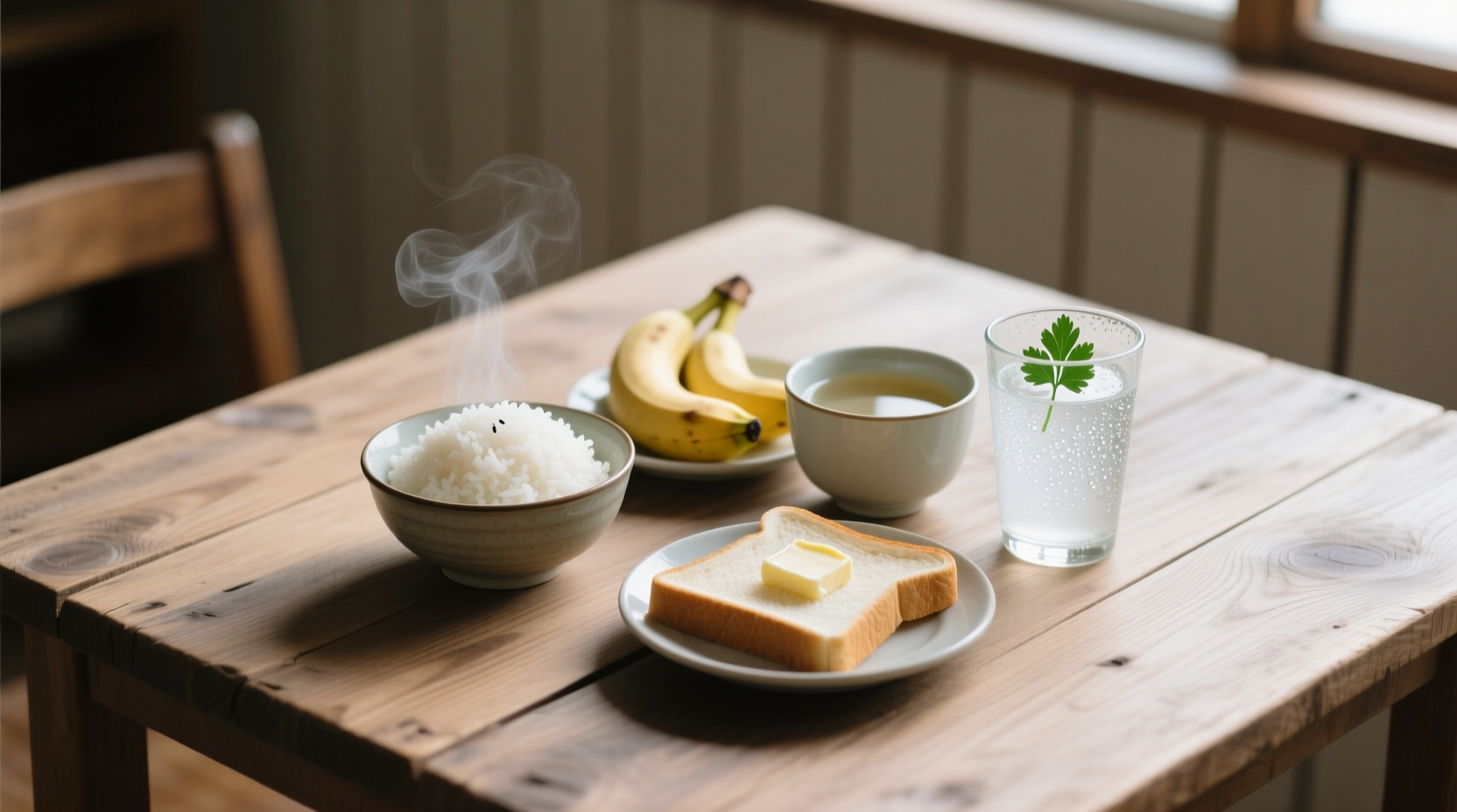 Recommended foods for diarrhea recovery on wooden table