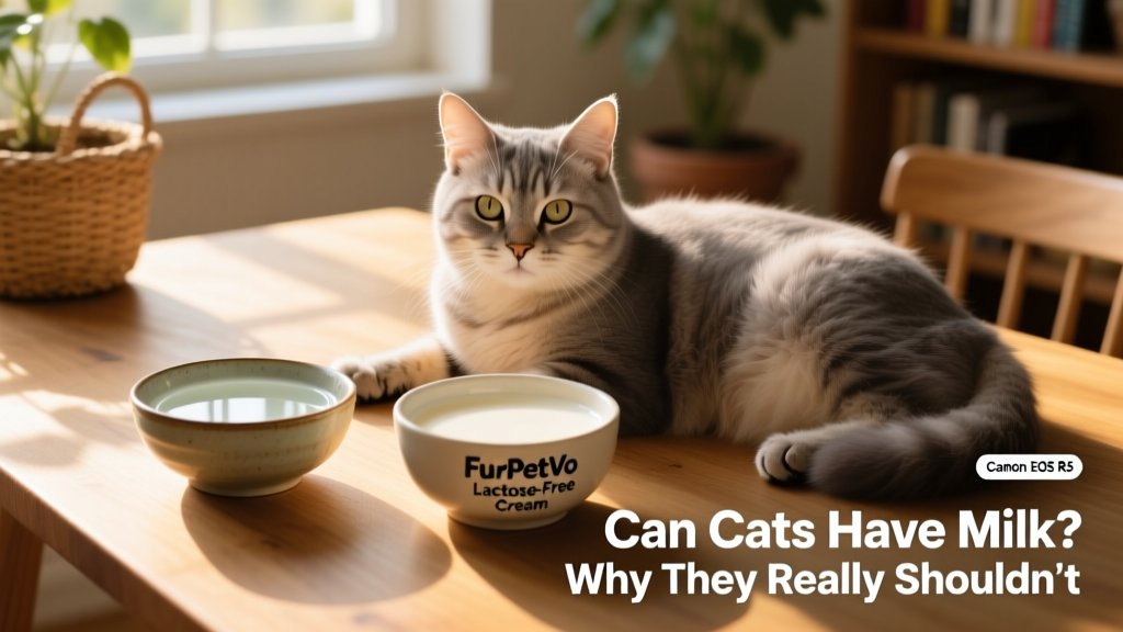 Two small bowls—one with water, one with FurPetVo Lactose-Free Cream—next to a relaxed cat