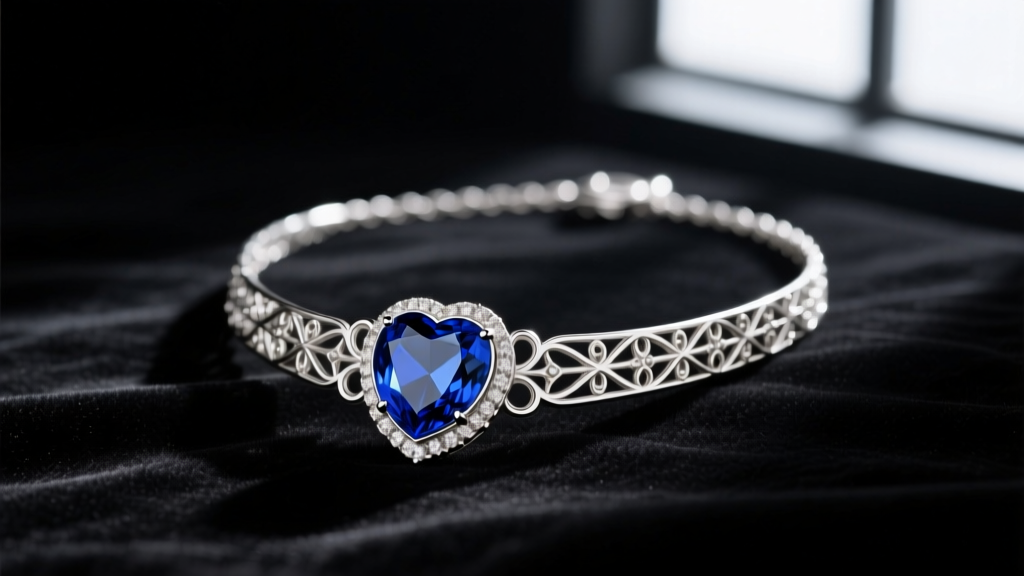 Heavy sterling silver Titanic Heart of the Ocean necklace replica resting on dark velvet, showcasing a deep blue center stone.