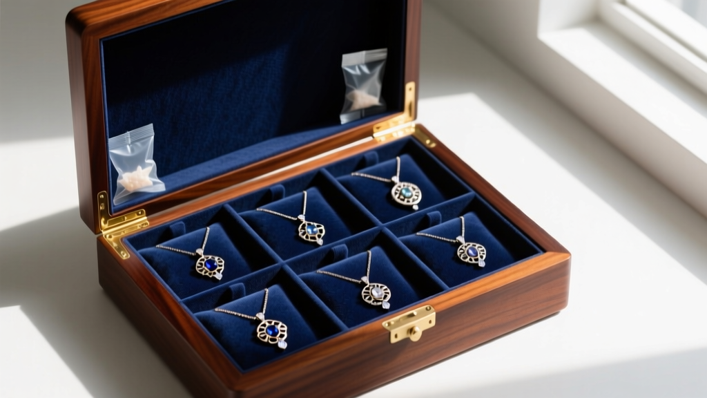Mahogany jewelry box showing anti-tarnish flannel pouches holding pendant necklaces, with small silica gel packets placed nearby