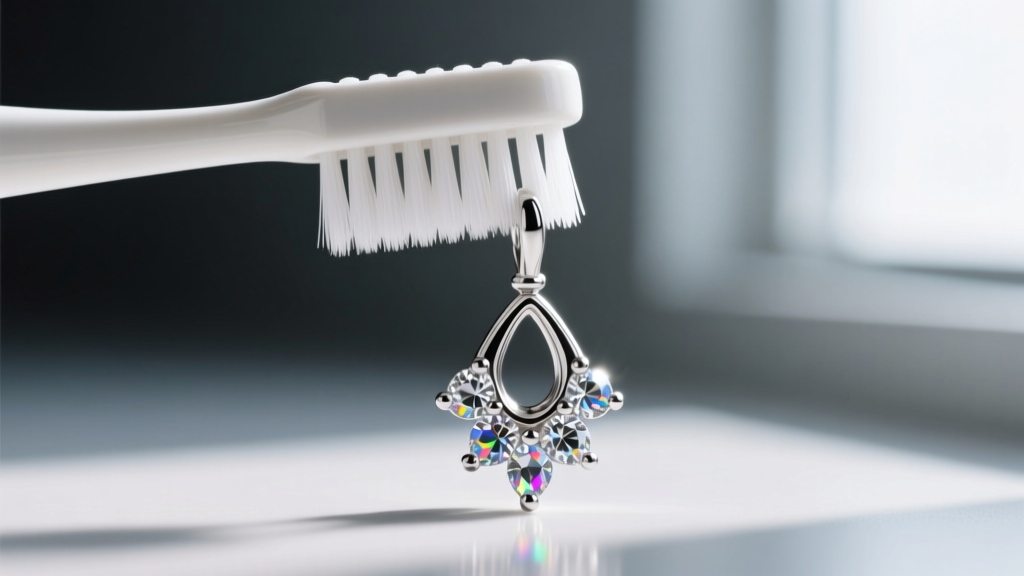 Close-up of a soft-bristled toothbrush gently scrubbing the underside pavilion of a four-prong platinum diamond drop earring