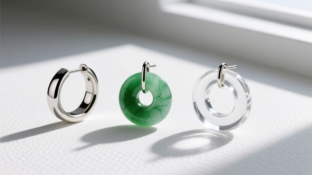 Flat lay of three circle dangle earrings made from surgical steel, authentic nephrite jade, and lightweight clear lucite resin.