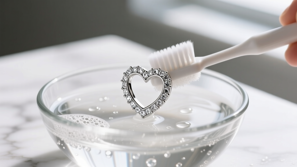 Sterling silver heart earring with pavé diamonds, gently scrubbed with a soft toothbrush in a glass bowl of warm soapy water