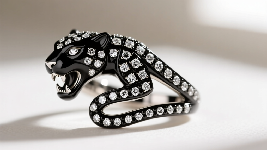 Macro shot of black rhodium-plated white gold micro-pavé diamond setting on a panther motif, highlighting bead setting