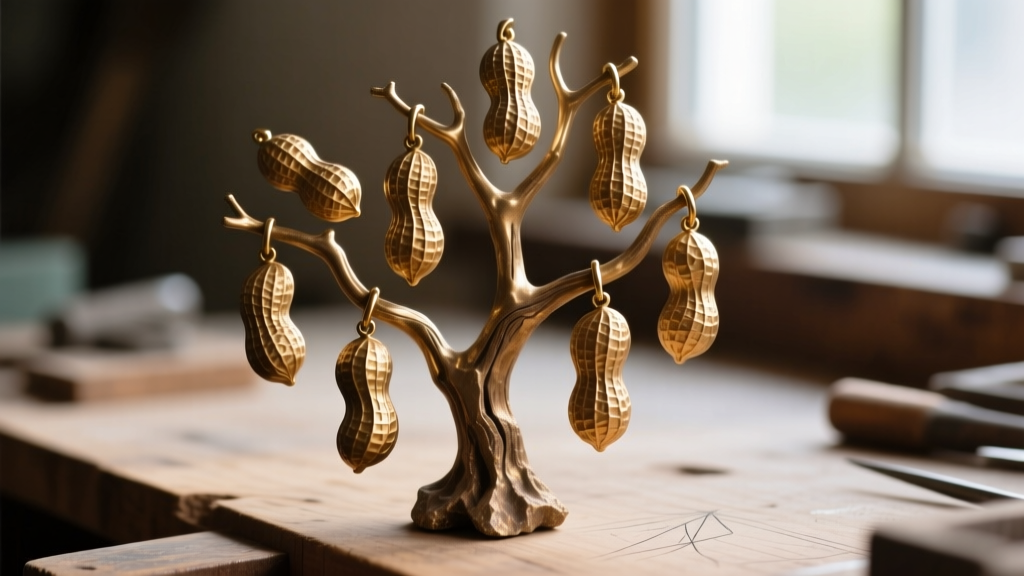 Jeweler bench close-up showing a raw brass casting tree with multiple asymmetrical peanut pendants before final gold plating.