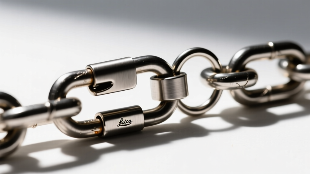 Extreme close-up of heavy-duty stainless steel lobster clasp and soldered jump ring attached to thick paperclip chain end point.
