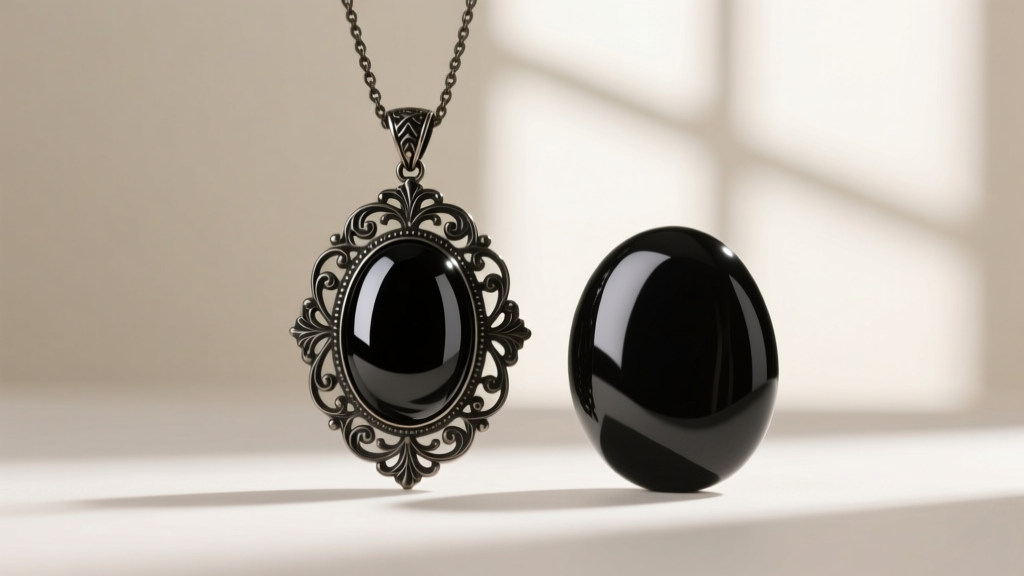 Victorian Whitby jet mourning pendant beside polished black onyx, showing distinct luster and carving details under studio lighting