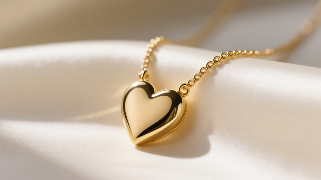 Close-up of a 14k solid gold heart shape necklace resting on silk fabric, showcasing a polished finish and delicate cable chain.