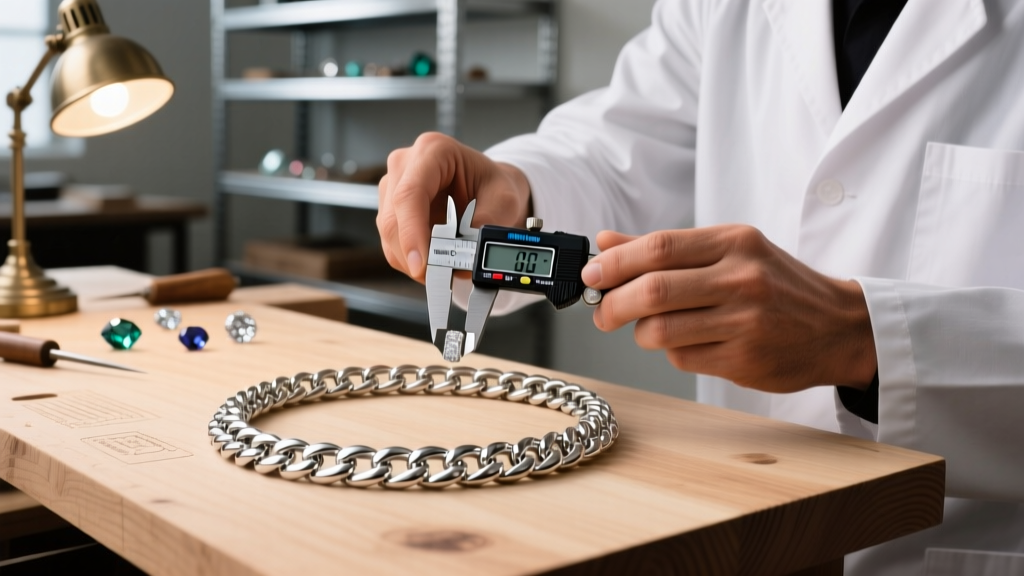 Jeweler using digital calipers to measure the gauge of a heavy Cuban link platinum necklace chain resting on a wooden workbench.