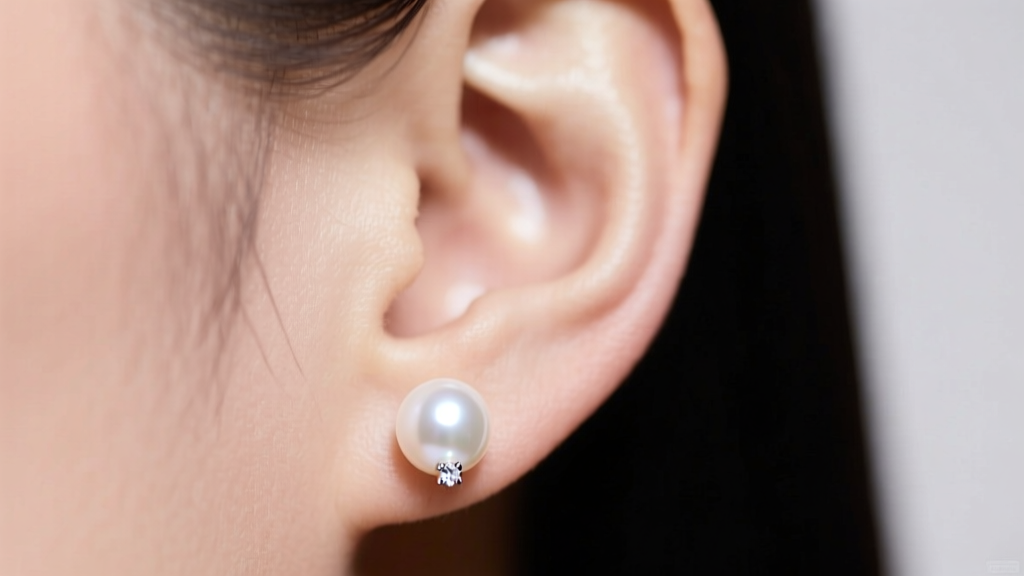 Close-up of an earlobe wearing a white Akoya pearl earring jacket around a diamond stud, soft studio lighting, elegant mood.