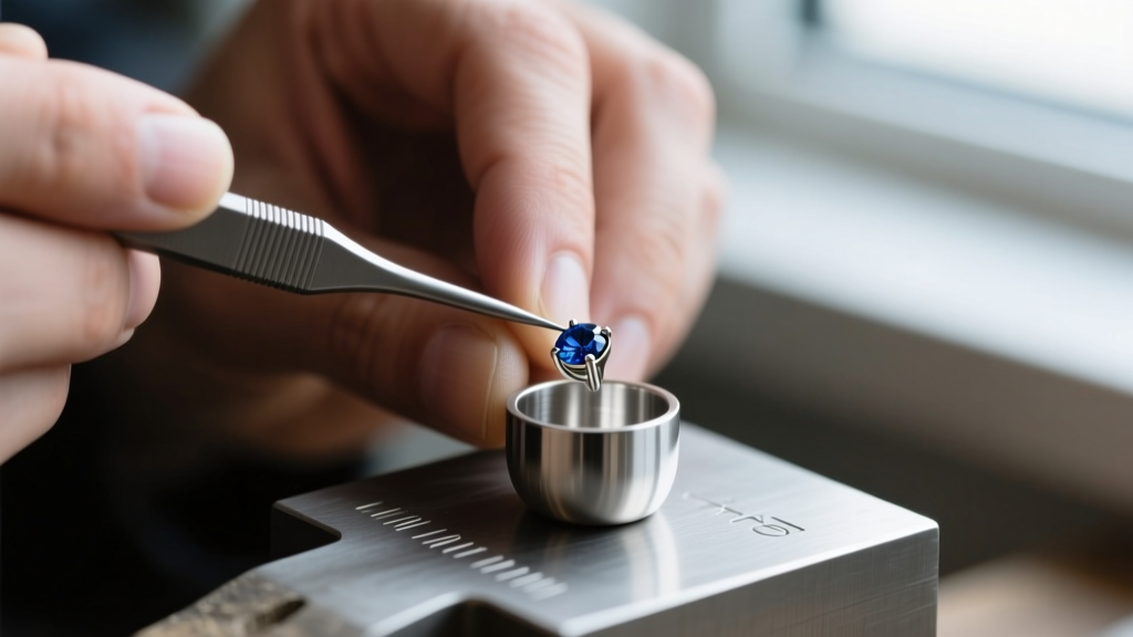 Close-up of jeweler hands using a bezel pusher to set a 4mm sapphire into a titanium earring cup on a steel bench block.