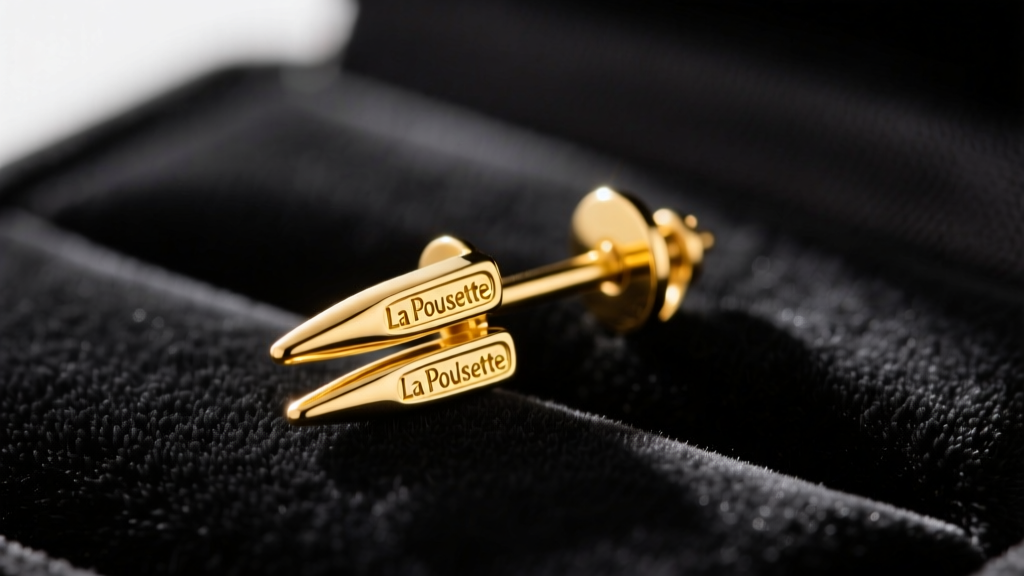 Macro shot of 18k yellow gold La Pousette earring back on black velvet, highlighting the twin-prong push-pull locking mechanism.