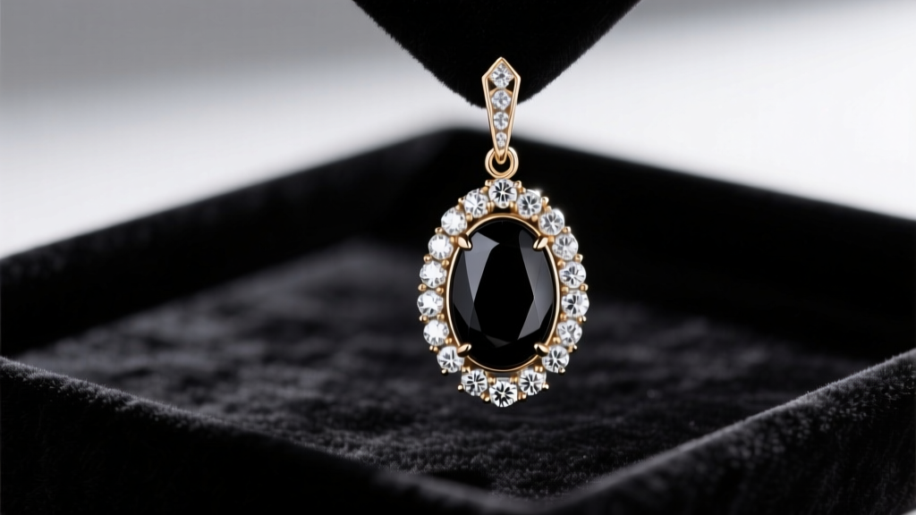 Macro shot of a heavy art deco drop earring with black onyx and pavé diamonds on a dark velvet tray under bright studio lighting