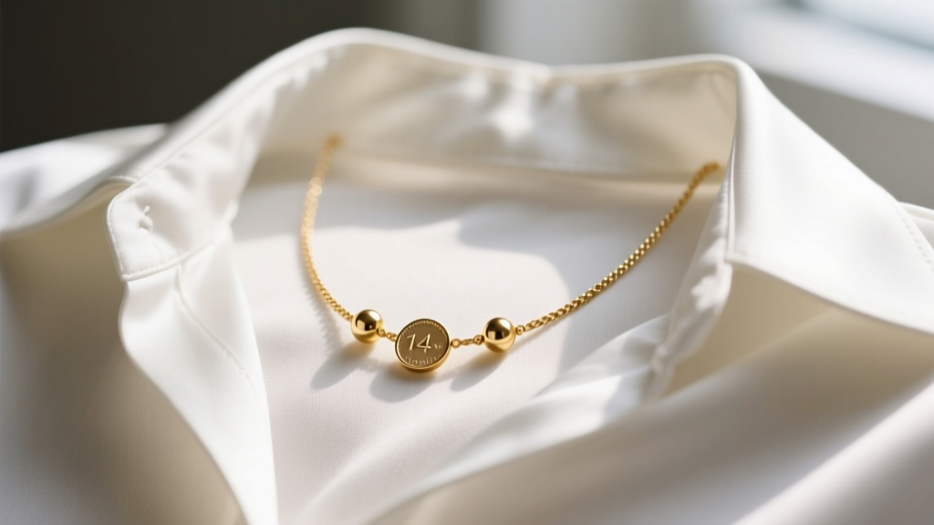 Macro shot of a 14k gold dime bead necklace with 3mm round beads on a fine cable chain resting on a white silk blouse collar