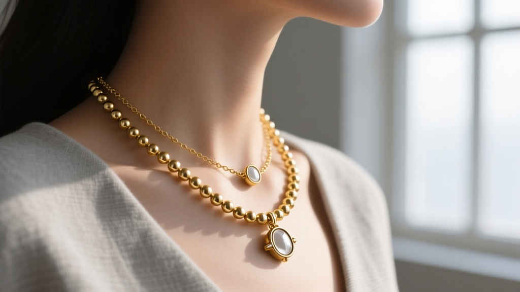 Side-profile view comparing the 15mm vintage and 9mm sweet cleef necklace motifs, highlighting the 18k gold beaded edge detailing.