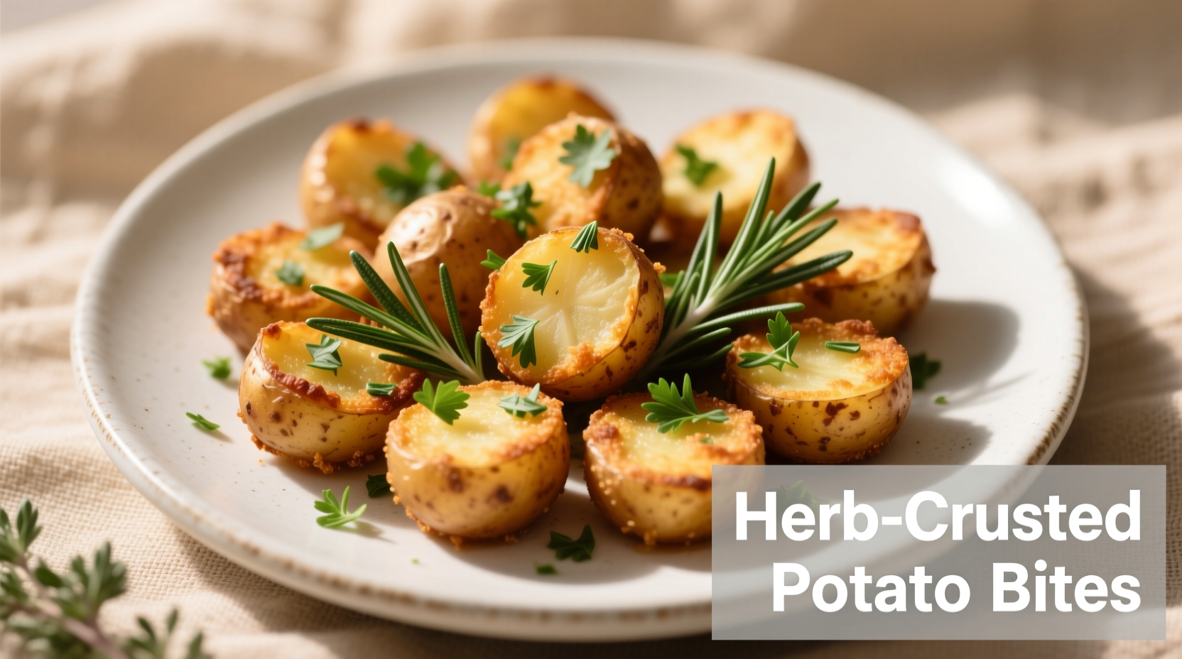 Golden brown potato bites with herbs on white plate