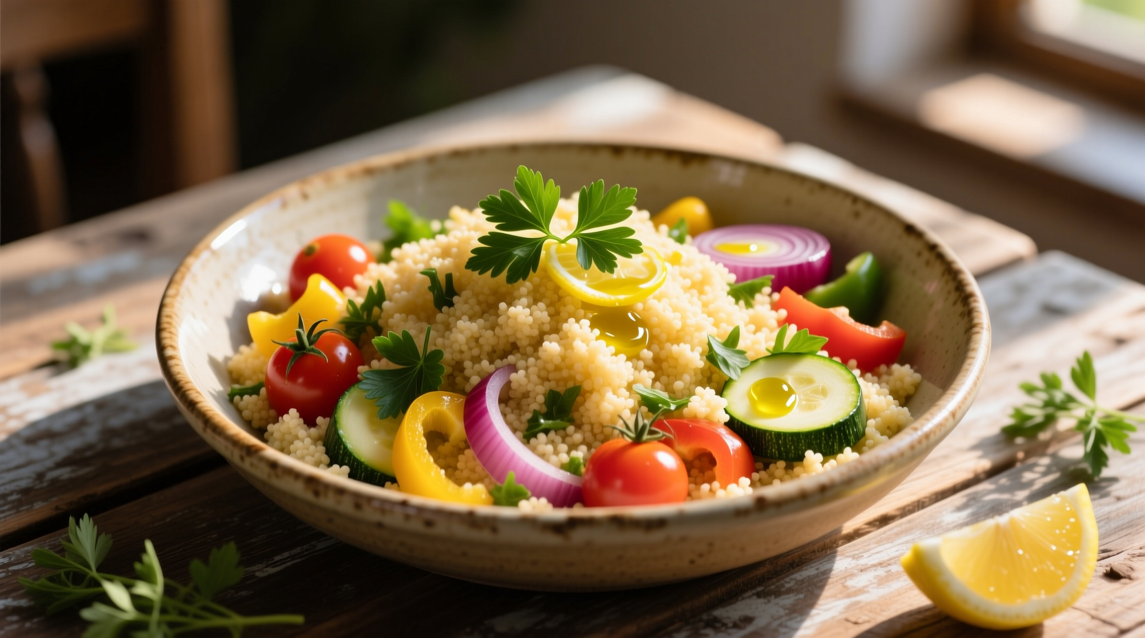 Fluffy golden couscous with herbs and vegetables