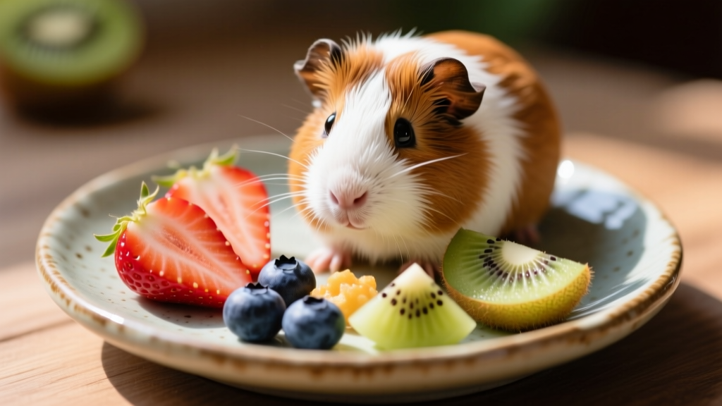 Small portions of safe fruits for guinea pigs: strawberry slices, blueberries, and kiwi pieces on a ceramic dish