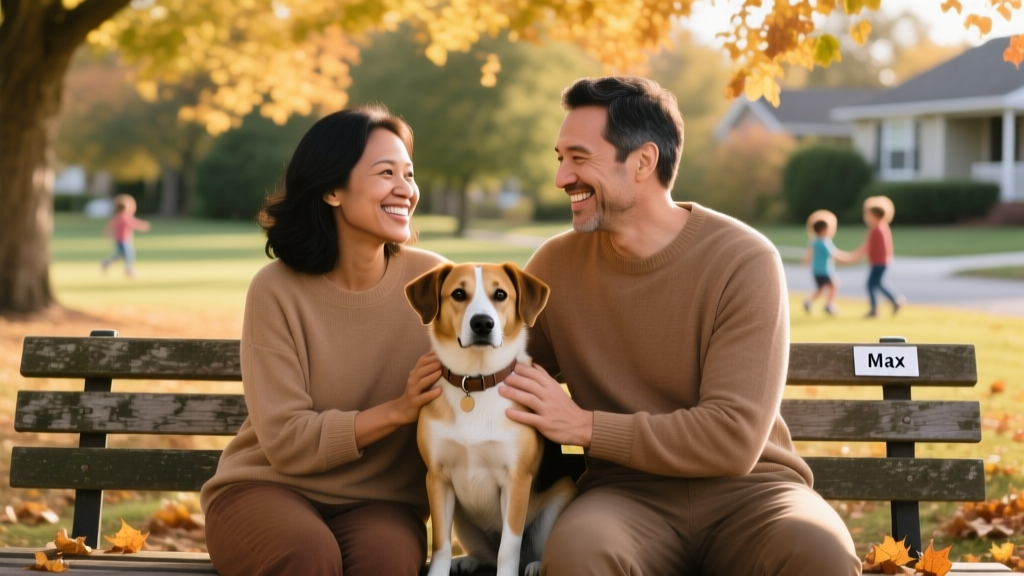 Two people smiling while sitting on a park bench with a calm, friendly dog between them