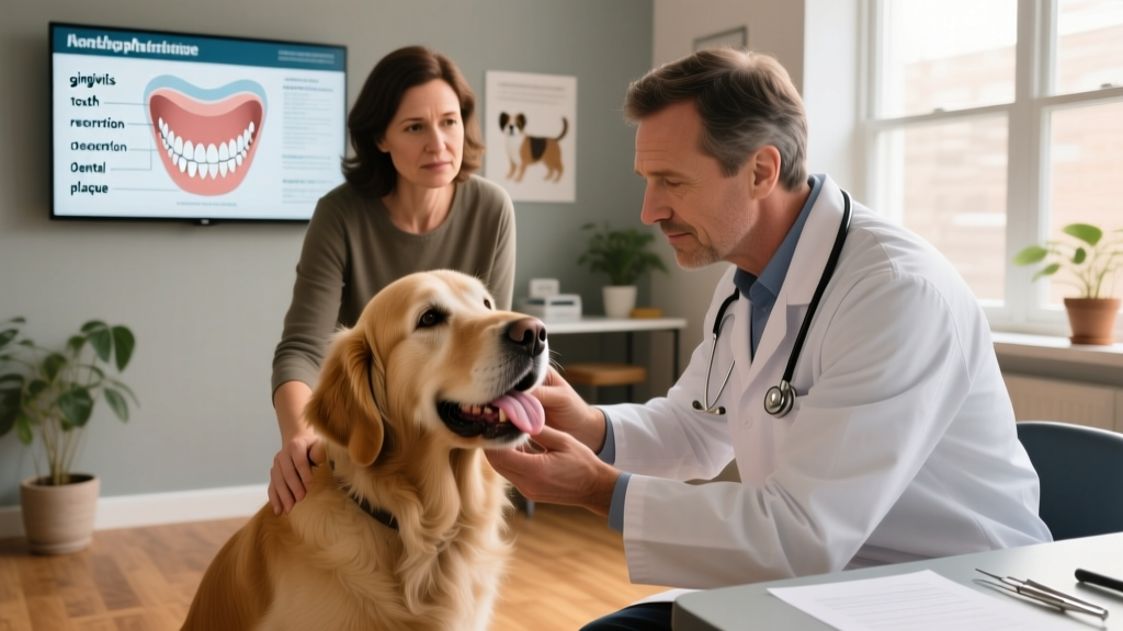 Veterinarian gently examining a senior dog's mouth while owner observes, with dental chart visible in background